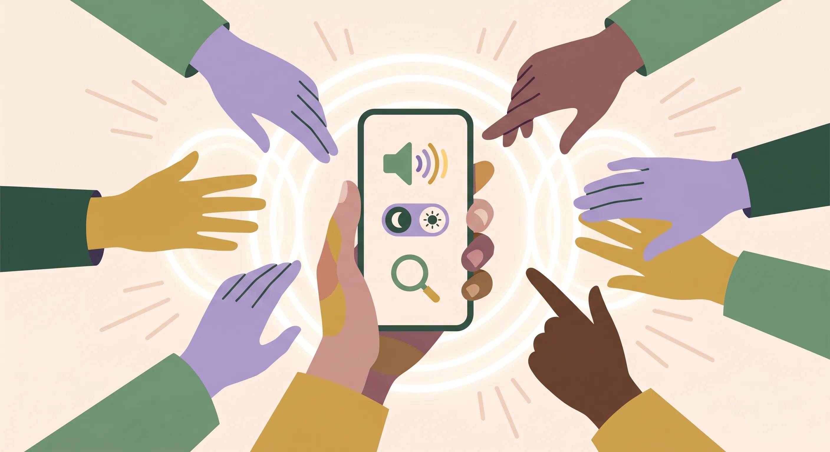 رسم توضيحي لأيدٍ متنوعة تمتد نحو هاتف ذكي يعرض مزايا الوصول الرقمي: قارئ شاشة، وتبديل التباين، وأداة التكبير، في تعبير عن الشمولية الرقمية والوصول للجميع.