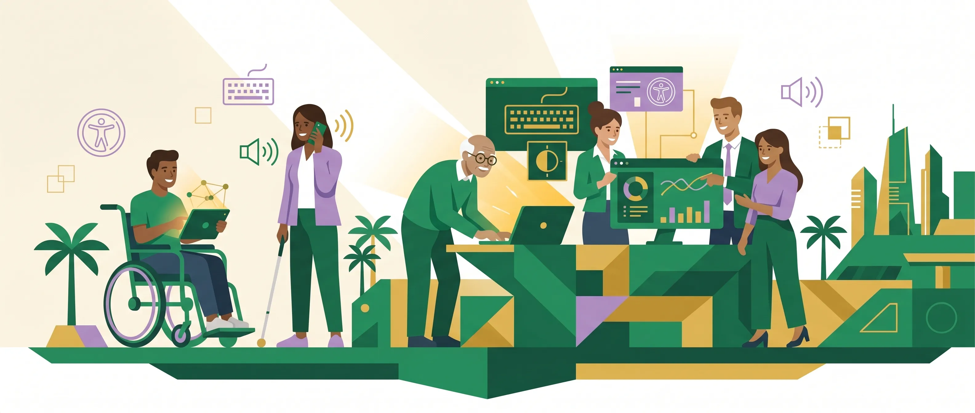 رسم توضيحي يُظهر مجموعة متنوعة من الأشخاص يتفاعلون مع التقنية الرقمية: شخص على كرسي متحرك يستخدم جهازًا لوحيًا، وامرأة كفيفة تستخدم هاتفًا ذكيًا، وشخص مسن يعمل على حاسوب محمول، ومحترفون يتعاونون حول لوحات بيانات رقمية، مع أيقونات الوصول الرقمي مثل لوحة المفاتيح وقارئ الشاشة ومعيار التباين، وأفق مدينة سعودية في الخلفية.